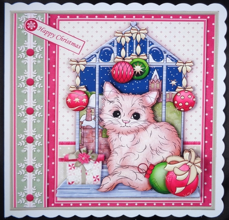 CHRISTMAS KITTY ON WINDOW 7.5 Decoupage & Insert Mini Kit by Linda Short