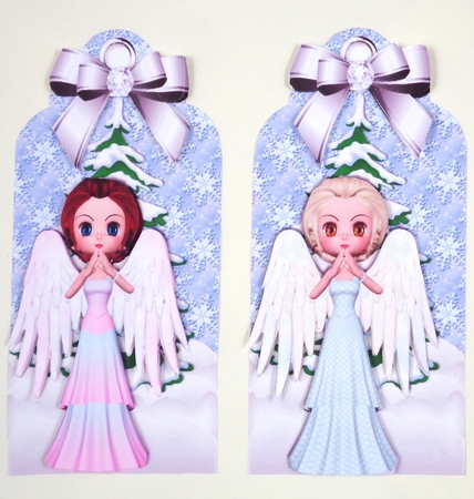 Four pretty Christmas tags with Angels and bows (blue) by Linda Short