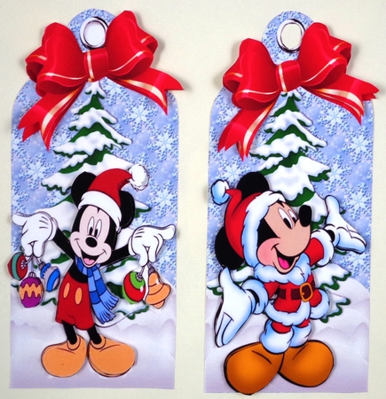 Four lovely christmas tags with Mr Mouse in the snow with bows by Linda Short