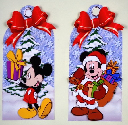 Four lovely christmas tags with Mr Mouse in the snow with bows by Linda Short