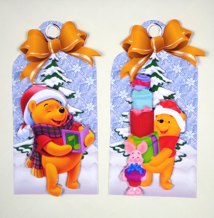 Four lovely christmas tags with pooh bear in the snow with gold bows by Linda Short