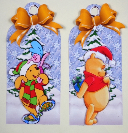 Four lovely christmas tags with pooh bear in the snow with gold bows by Linda Short