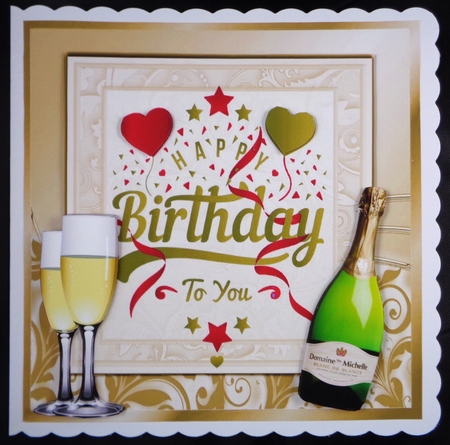 Lovely Birthday celebration  card front with wine (gold) 8x8 by Linda Short