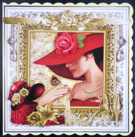 Fashion card front with hat, shoes, decoupage and sentiments by Linda Short