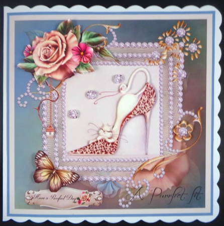 A Purrfect Fit card front with decoupage and sentiments by Linda Short