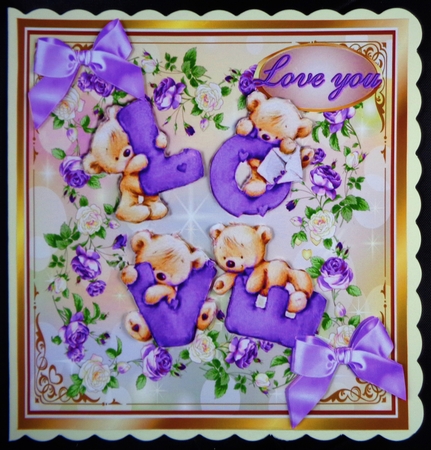 LOVE teddy bears, in frame of purple roses 8x8 by Linda Short