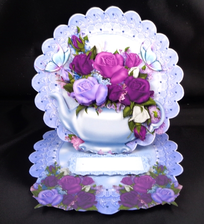 Overflowing Teapot of Flowers Scalloped Round Easel Card Mini Kit by Linda Short