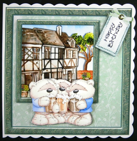 300dpi 6 x 6in Topper and decoupage- Male Relative Birthday - Bears drinking by Linda Short