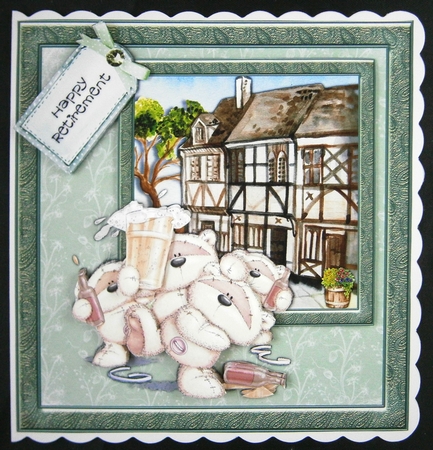 300ddpi -6 x 6in Topper & decoupage - 3 Bears drinking-Male relation-Happy Retirement by Linda Short