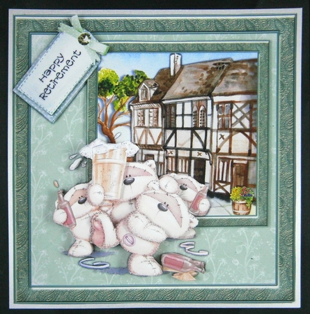 300dpi, 6x6in Topper & Decoupage- 4 Bears drinking - Retirement, Dad Brother,Grandad,Uncle by Linda Short