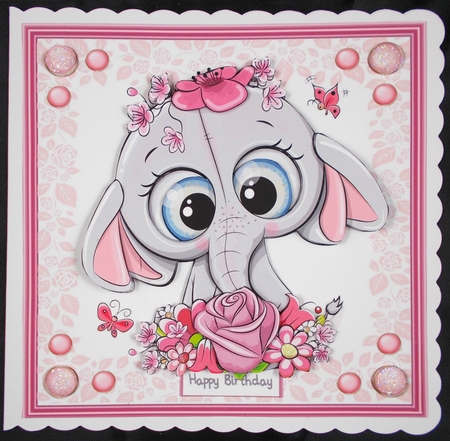Gorgeous Pink Elephant with flowers 8x8 by Linda Short