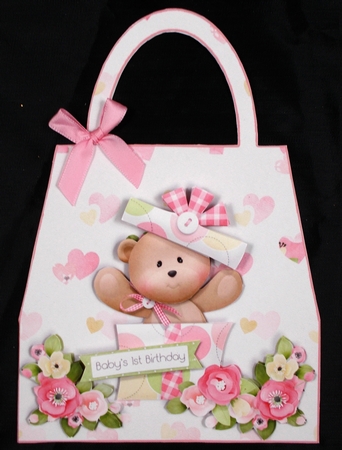 Baby Girls 1st Birthday Shaped Hand Bag Card by Linda Short