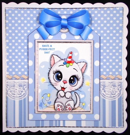White kitty with party hat on a tag , blue stripes and bow 7x7 by Linda Short
