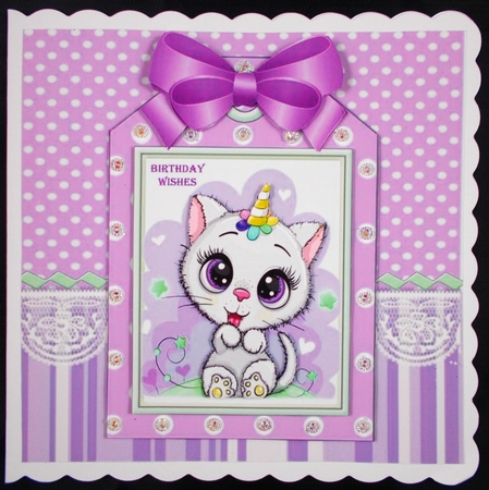 White kitty with party hat on a tag , lilac stripes and bow 7x7 by Linda Short