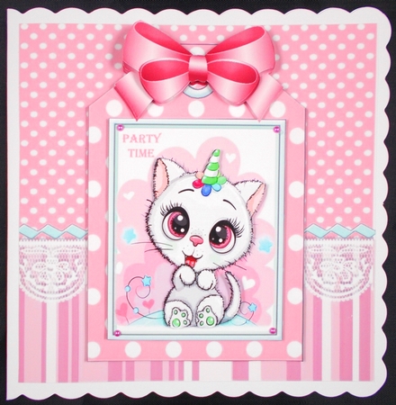 White kitty with party hat on a tag pink stripes and bow 7x7 by Linda Short