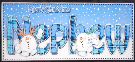 Large DL Merry Christmas NEPHEW 3D decoupage with Tartan Snowball Sam by Linda Short