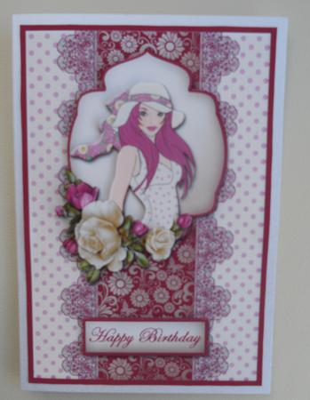 Maroon Fashion Girl with Roses Card Front by Linda Short