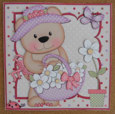 8 x 8 3D Livvy Bear's Flower Basket Mini Kit 3D Decoupage by Linda Short