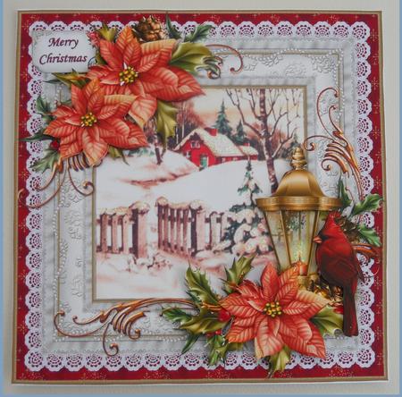 8x8 Snowy Red Cottage with Red Cardinals by Linda Short