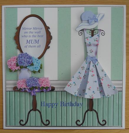 Pink and Blue Floral Folded Skirt Dress Card by Linda Short