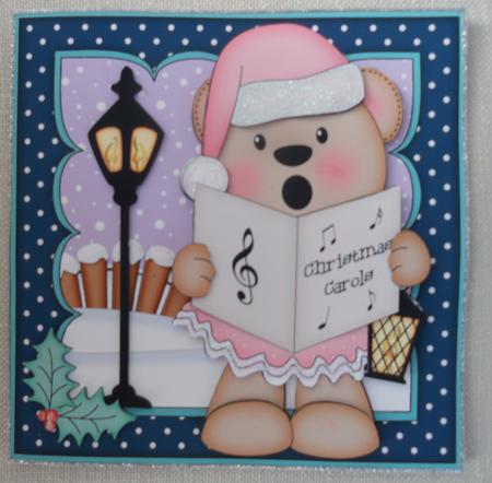 8x8 Xmas Carol Singing Livvy Bear Mini Kit 3D Decoupage by Linda Short