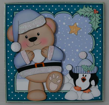 8x8 Xmas Livvy Bear Snowball Fight Mini Kit 3D Decoupage by Linda Short