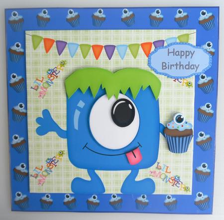 One-eyed Blue Monster with Cupcake 8x8 by Linda Short