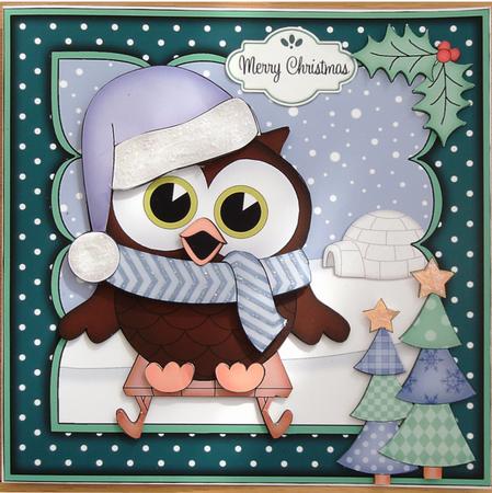 8x8 Xmas Sledging Little Hoot Owl 3D Decoupage by Linda Short