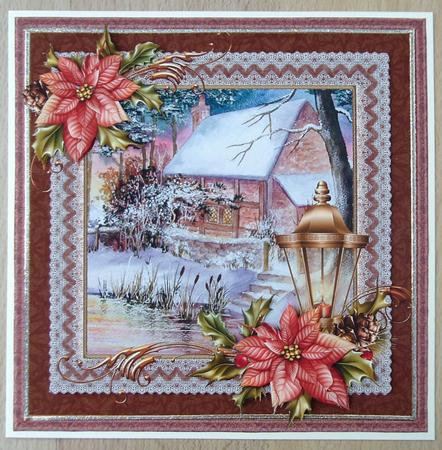 Christmas Cottage Scene Lace and Poinsettias by Linda Short