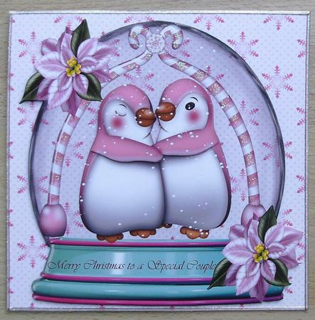 Cute Pink Penguins Cuddling in a Snow Dome with Poinsettias by Linda Short