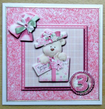 8x8 Pink Birthday Bear 3rd Birthday with Decoupage by Linda Short