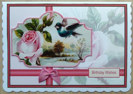 Pink Rose and Blue Bird Card with Topper by Linda Short
