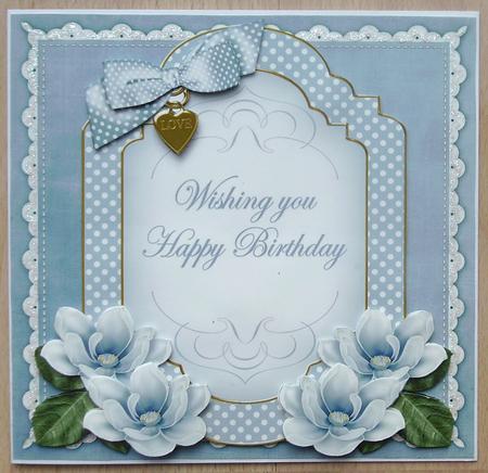Blue Magnolia Happy Birthday Fancy 7in Decoupage Topper by Linda Short