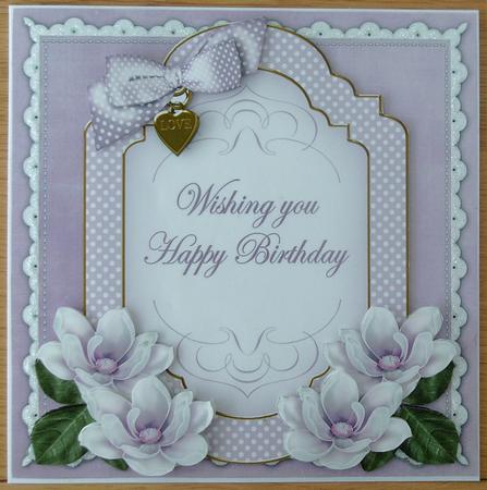 Lilac Magnolia Happy Birthday Fancy 7in Decoupage Topper by Linda Short