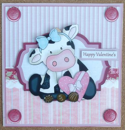 Cute Cow with Heart and Chocolates Card by Linda Short