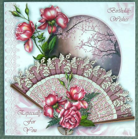 Pretty Lace Fan and Pink Roses by Linda Short