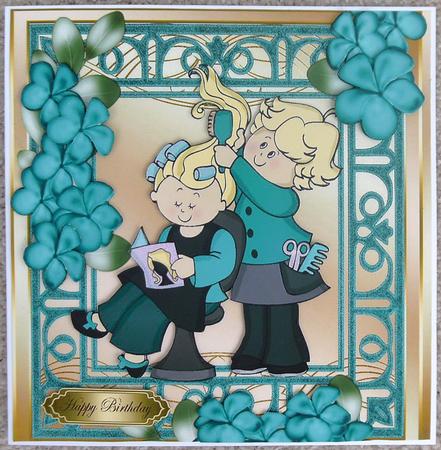 Pampered at the Hairdressers with Pretty Turq Flowers 8x8 by Linda Short