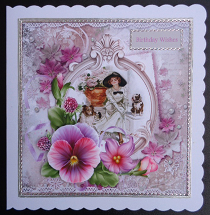 Lady and Her Dogs 7x7 Card with Pansy Decoupage by Linda Short