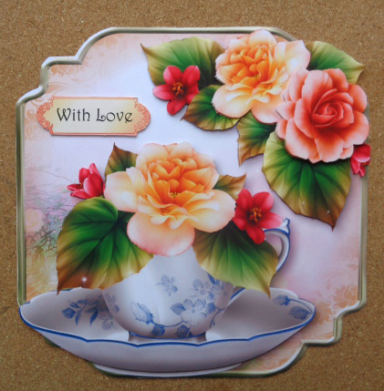 Teacup, Saucer & Peach Begonias - Shaped Topper by Linda Short