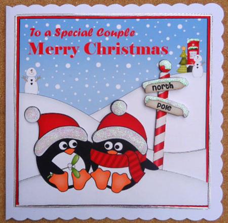 8 x 8 Christmas Romantic Penguins Scalloped Corner Topper by Linda Short