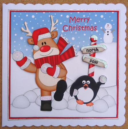 8 x 8 Christmas Snowballing Rudolph Scalloped Corner Topper by Linda Short
