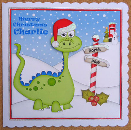 8 x 8 Christmas Denis Dinosaur Scalloped Corner Topper by Linda Short