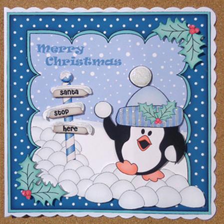 8x8 Xmas Snowballing Pip Penguin Scalloped Corner Topper by Linda Short