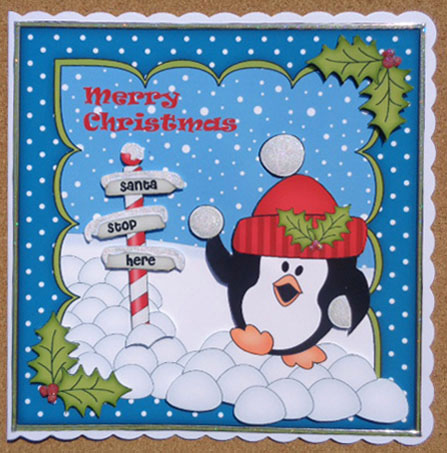 8x8 Xmas Snowballing Pip Penguin Scalloped Corner Topper by Linda Short