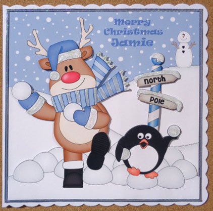 8 x 8 Christmas Snowballing Rudolph Scalloped Corner Topper by Linda Short