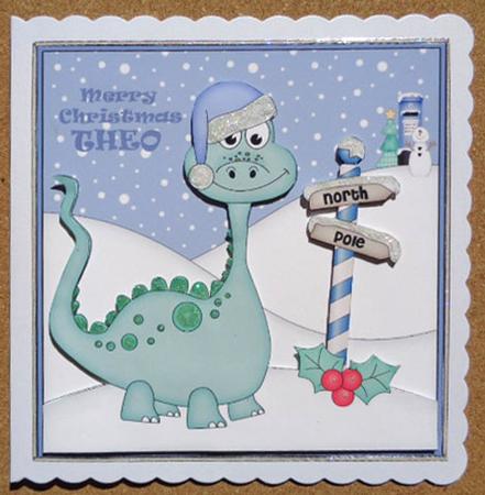 8 x 8 Christmas Denis Dinosaur Scalloped Corner Topper by Linda Short