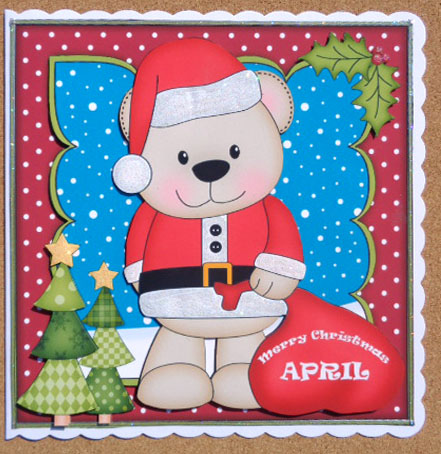 8 x 8 Christmas Livvy Bear's Sack Scalloped Corner Topper by Linda Short