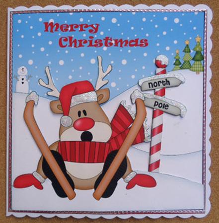 8 x 8 Christmas Skiing Oops Rudolph Scalloped Corner Topper by Linda Short