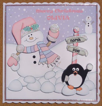 8 x 8 Christmas Snowman Oli Snowball Scalloped Corner Topper by Linda Short