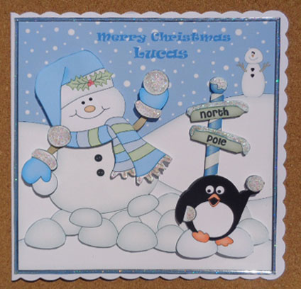 8 x 8 Christmas Snowman Oli Snowball Scalloped Corner Topper by Linda Short